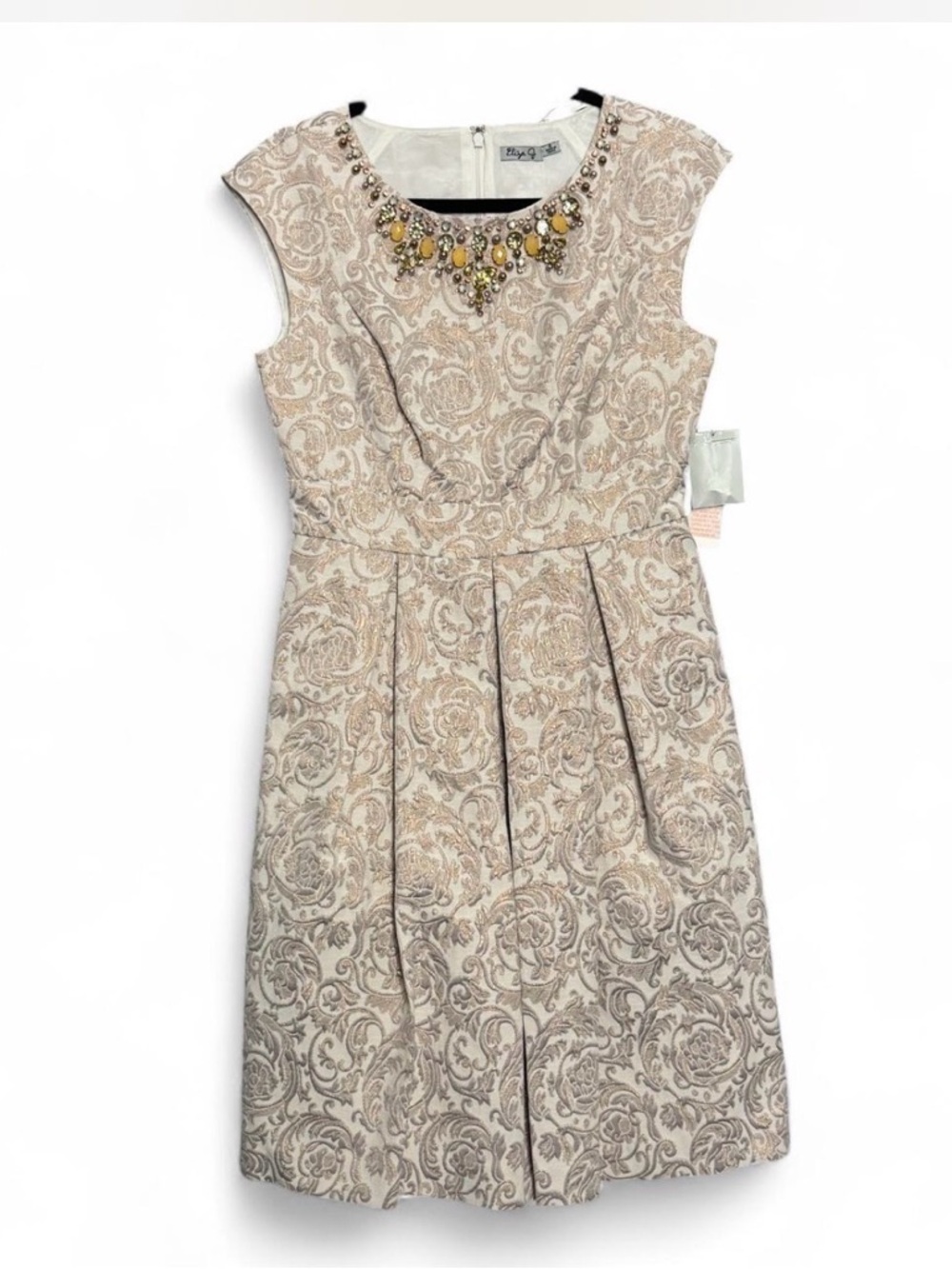 Eliza J Champagne Jacquard Dress Embellished Coquette Evening Formal Sz 6 NWT